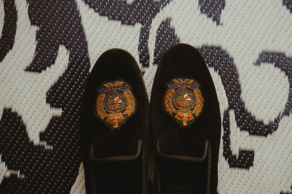 Close-up detail image of groom's wedding shoes