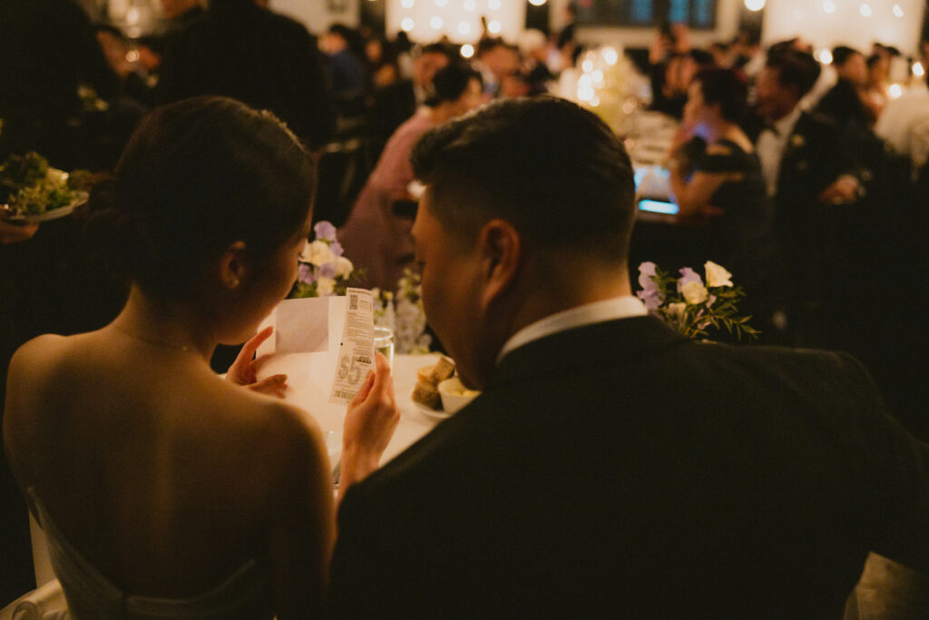 Bride and groom sweetheart table from behind