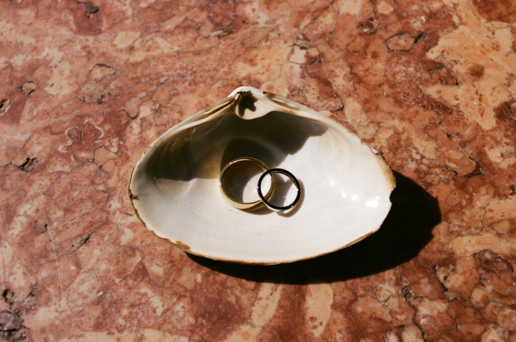 Wedding rings sitting in a sea shell