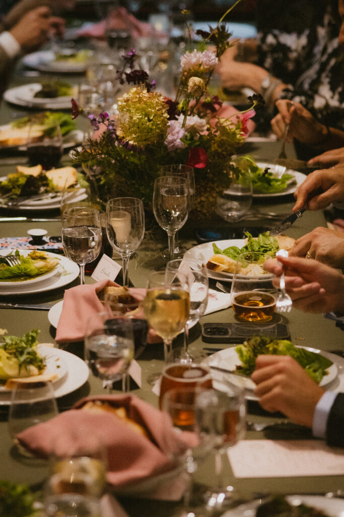 Close up shot of wedding guest dinner table
