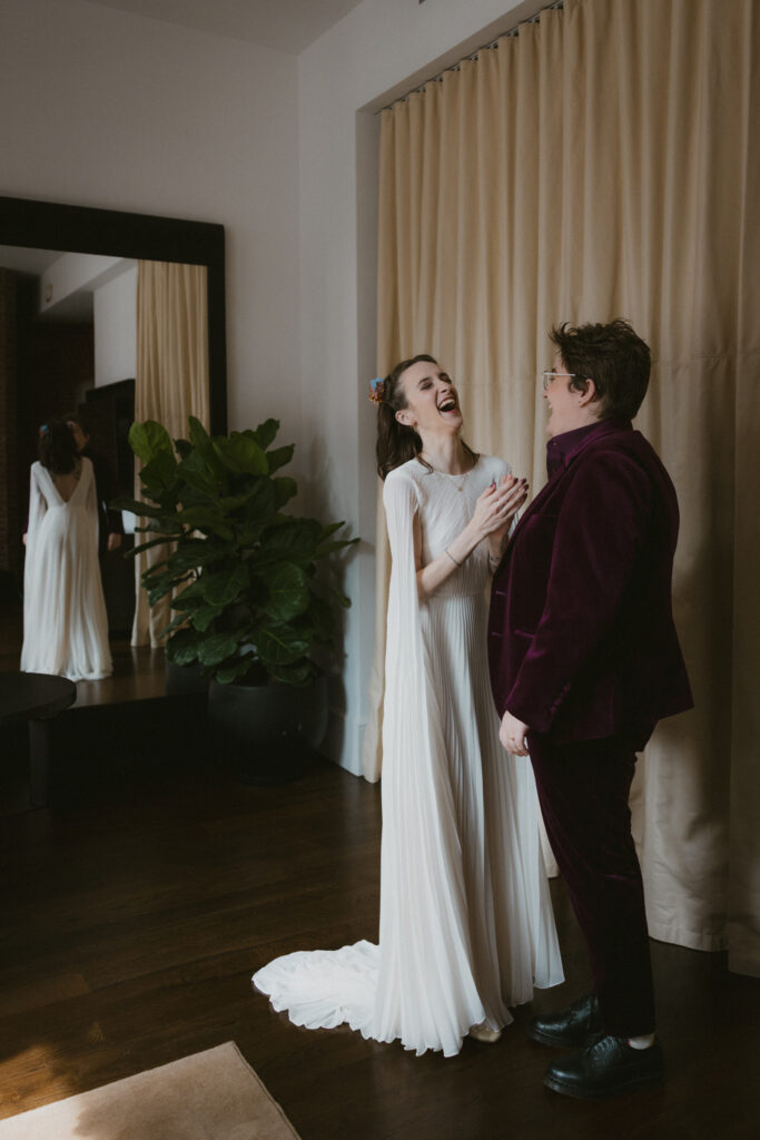 Brides during first look 