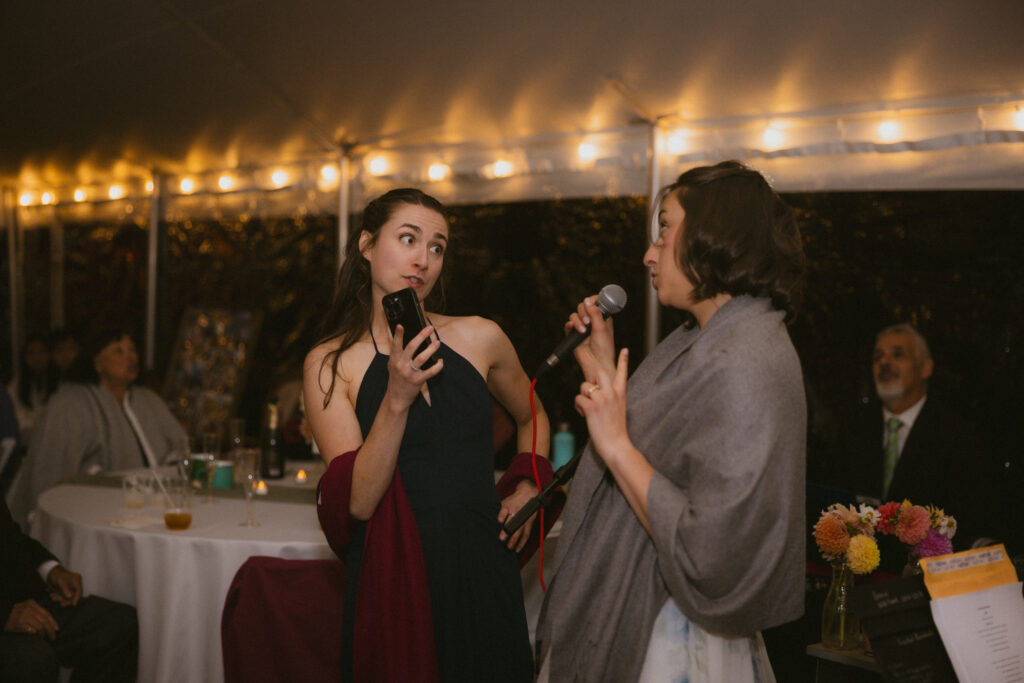 Bride and wedding guest singing