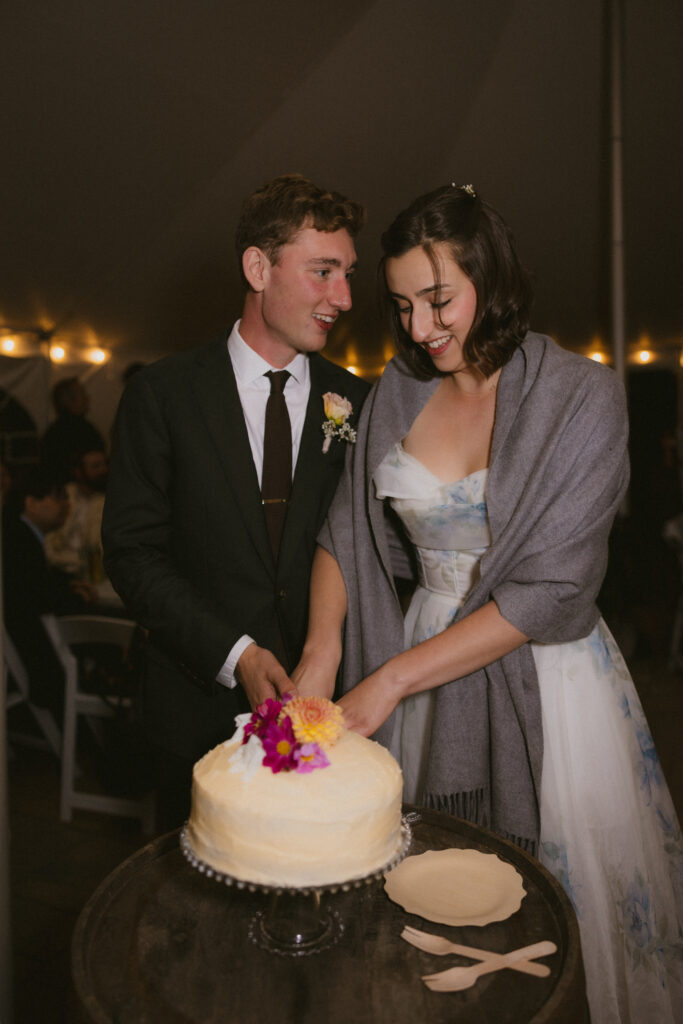 Bride and groom cutting the cake 