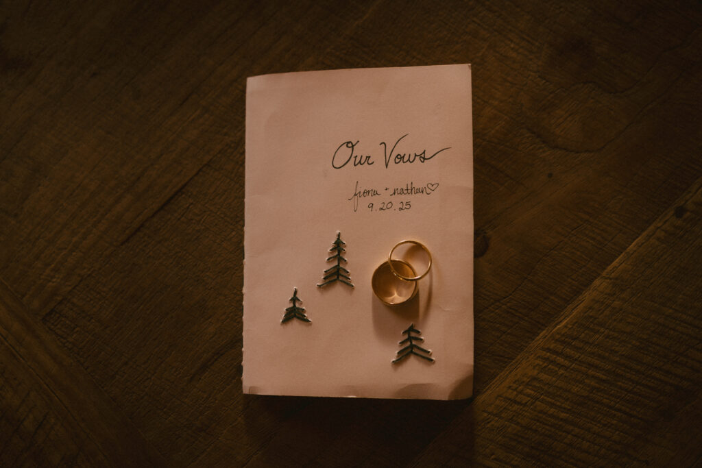 Close up of vow book and rings