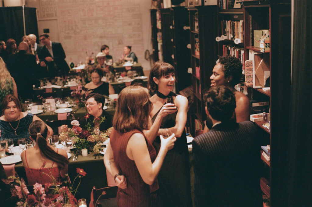 Film photo of wedding guests during the reception dinner