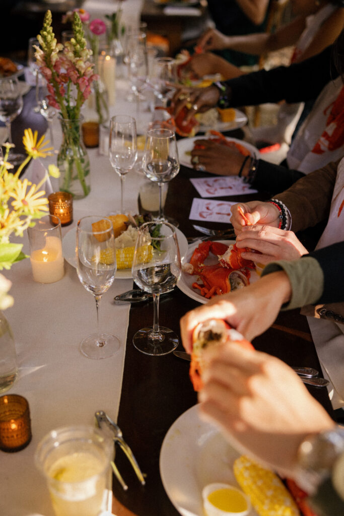 Close up shot of wedding guest dinner table 