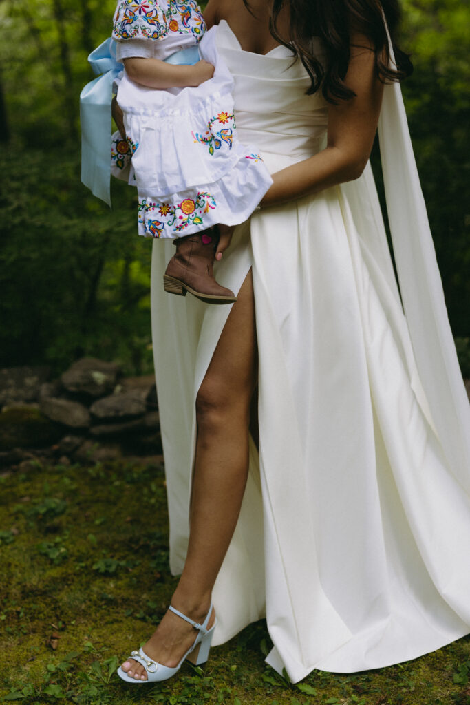 Close up image of the bride and the flower girl