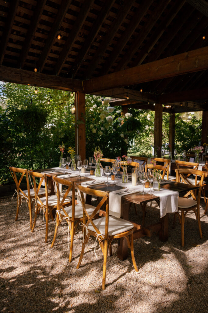 Reception dinner space at a New England farm wedding