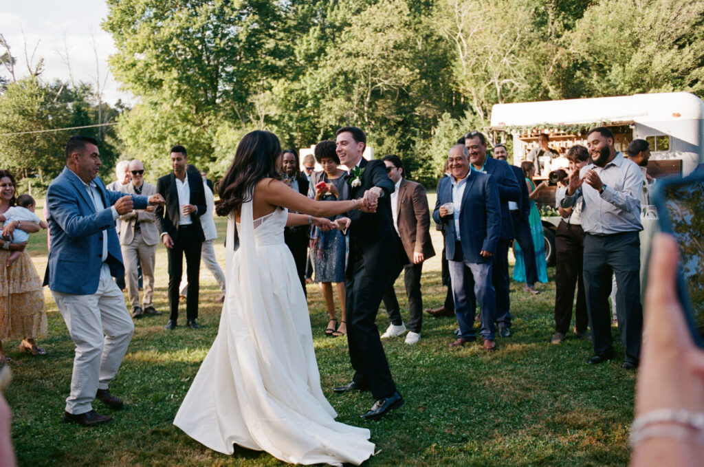 Bride and groom dancing at a New England farm wedding