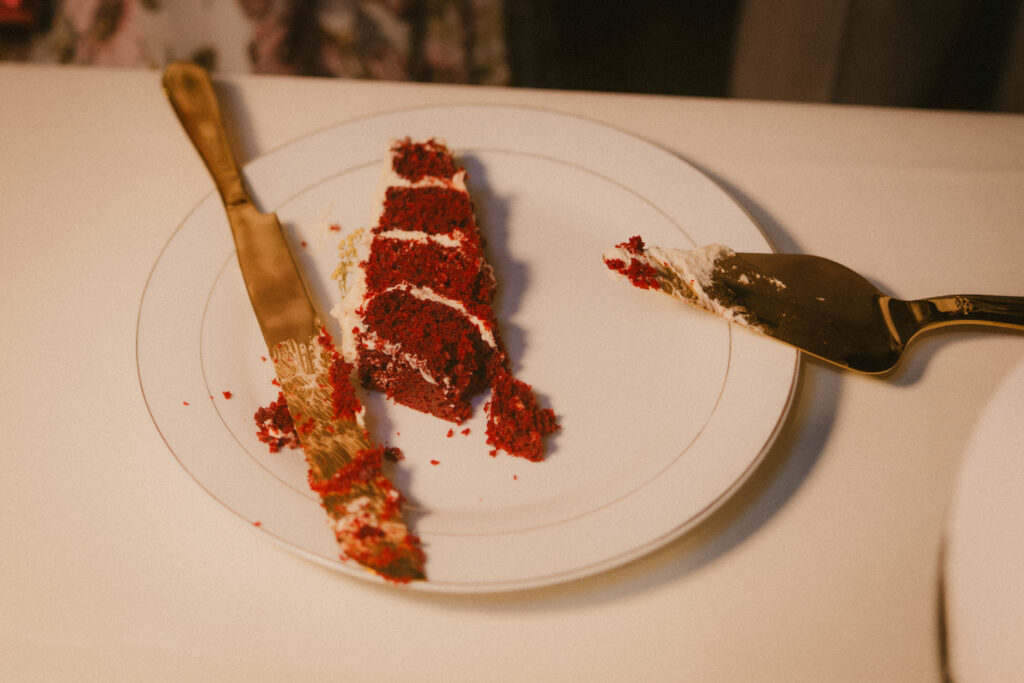 Slice of wedding cake on a plate