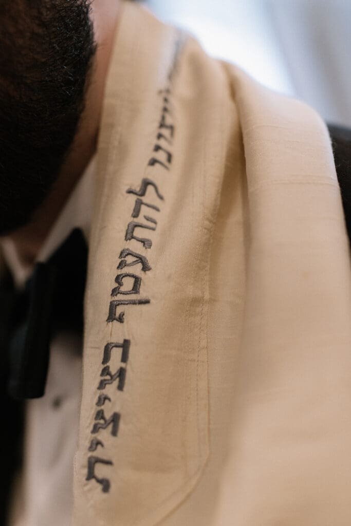 Close up of the groom's wedding tallit 