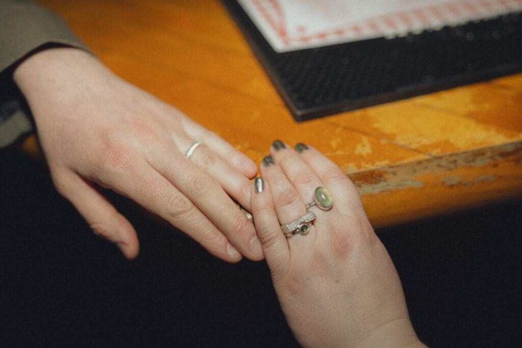 Close up of the newlywed couple's rings