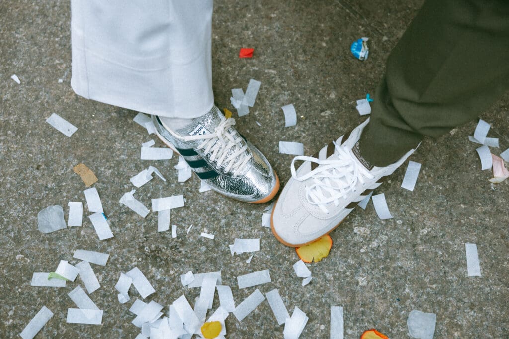 Bride and groom matching adidas sneakers