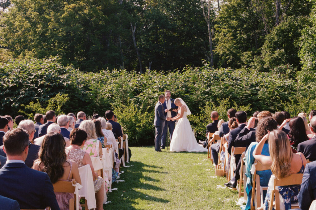 Bride and groom at the altar during the wedding ceremony 