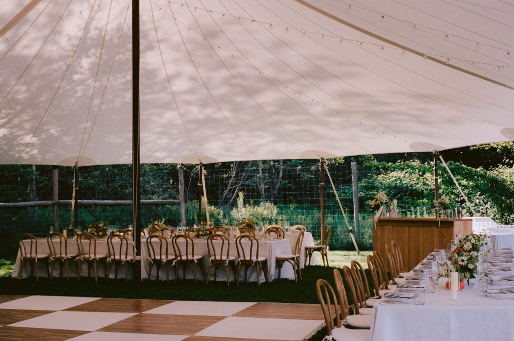 Reception space at a summer wedding in the Catskills 