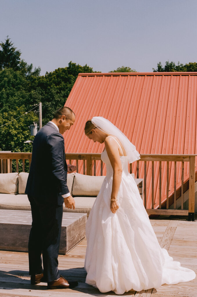 Bride and groom during the first look
