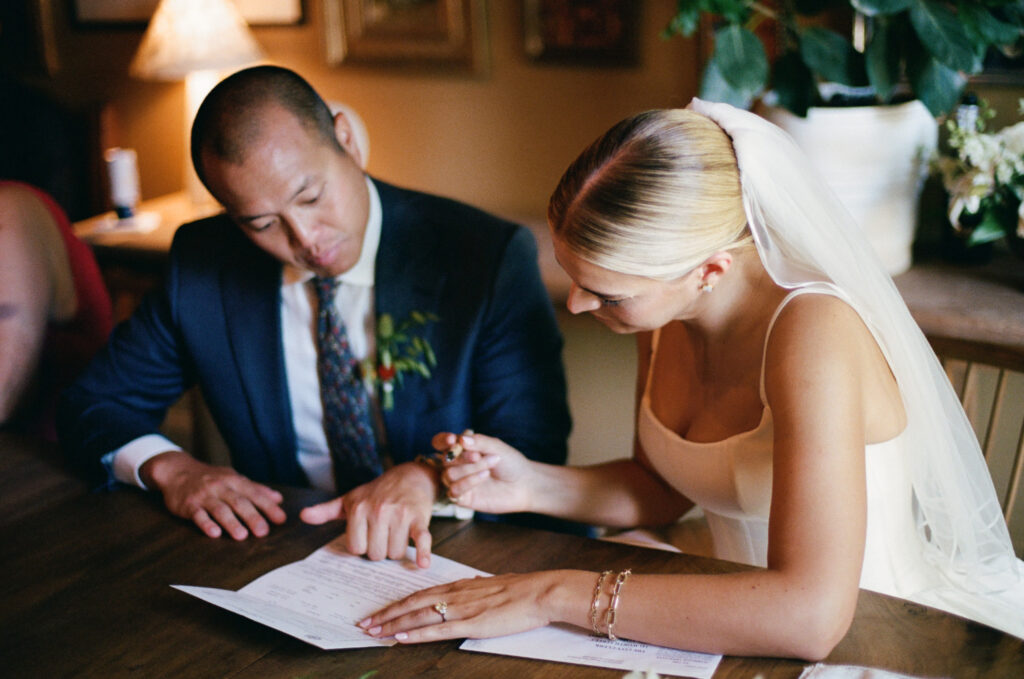 Bride and groom signing the marriage license 