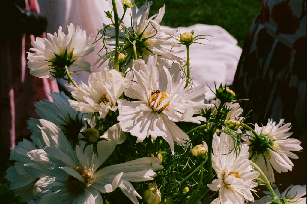 Close up image of flowers and a bee at a summer wedding in the catskills