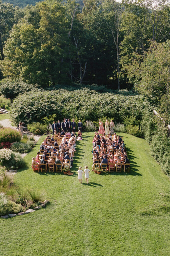 Above perspective of the ceremony at a late summer wedding in the catskills