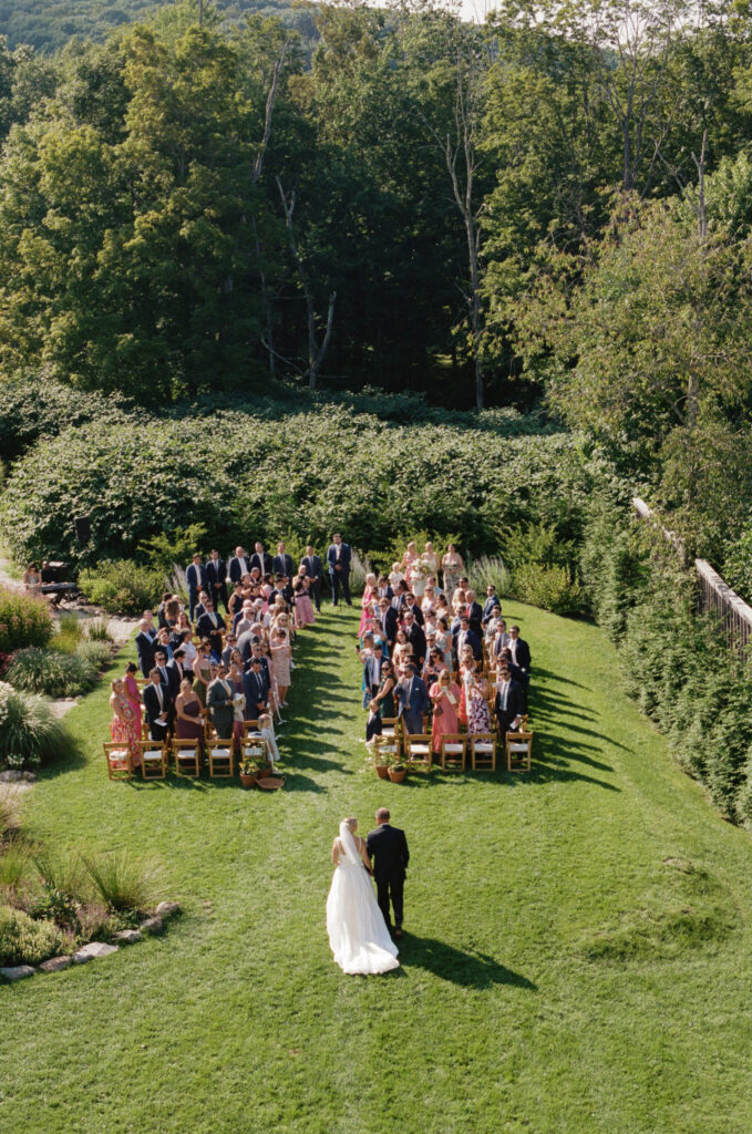 Above perspective of the ceremony at a late summer wedding in the catskills