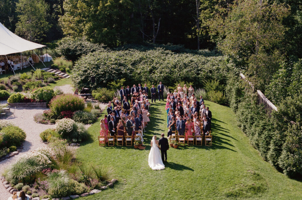 Above perspective of the ceremony at a late summer wedding in the catskills