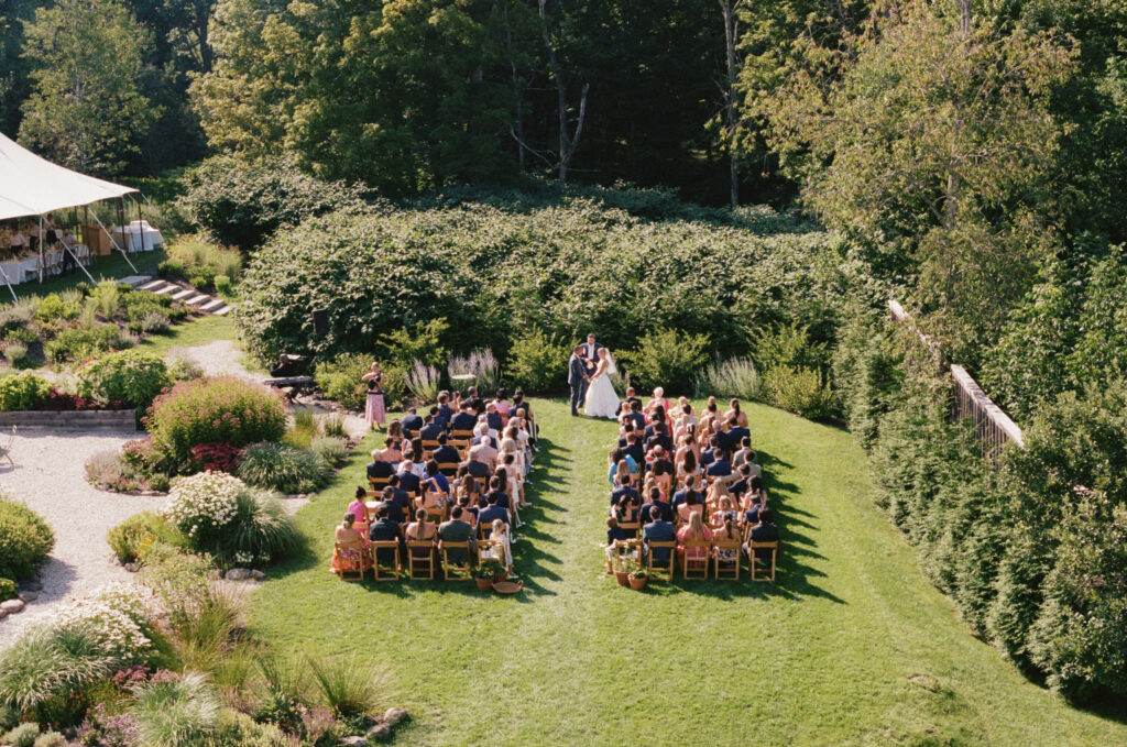 Above perspective of the ceremony at a late summer wedding in the catskills