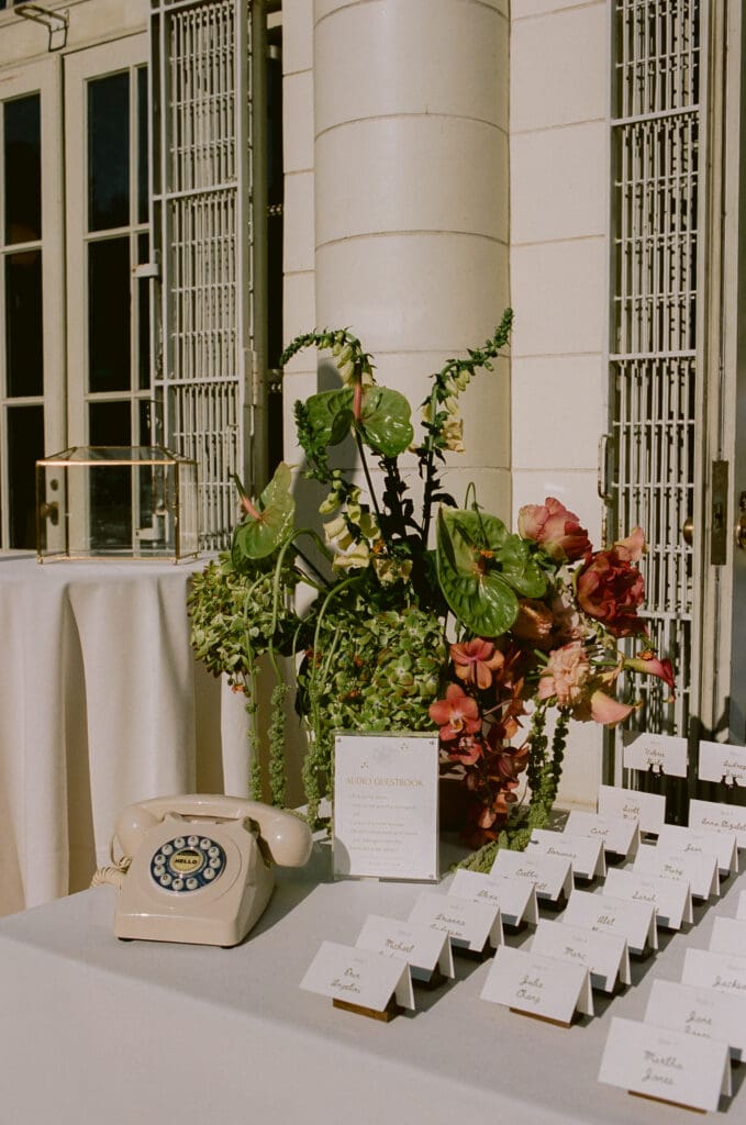 Audio guestbook on a table at a prospect park boathouse wedding