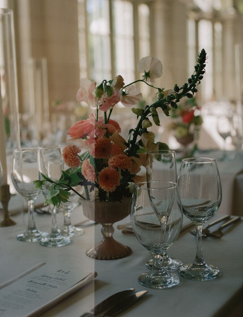Floral tablescape detail at a prospect park boathouse wedding