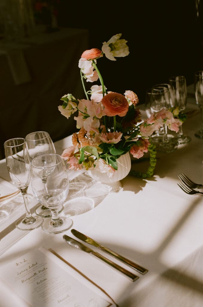 Floral tablescape detail at a prospect park boathouse wedding