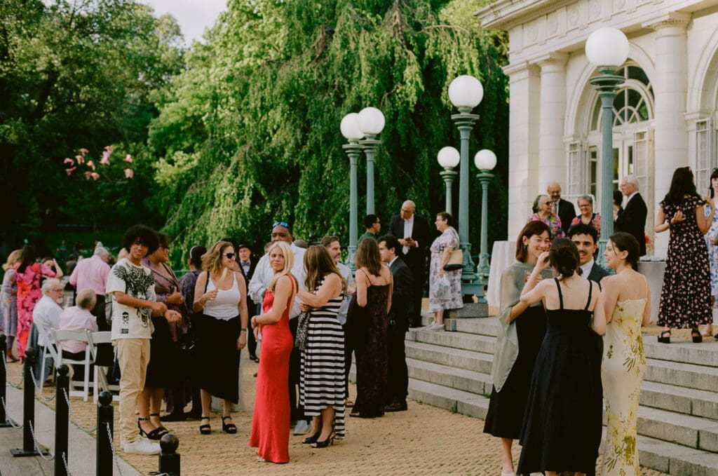 Cocktail hour at a prospect park boathouse wedding