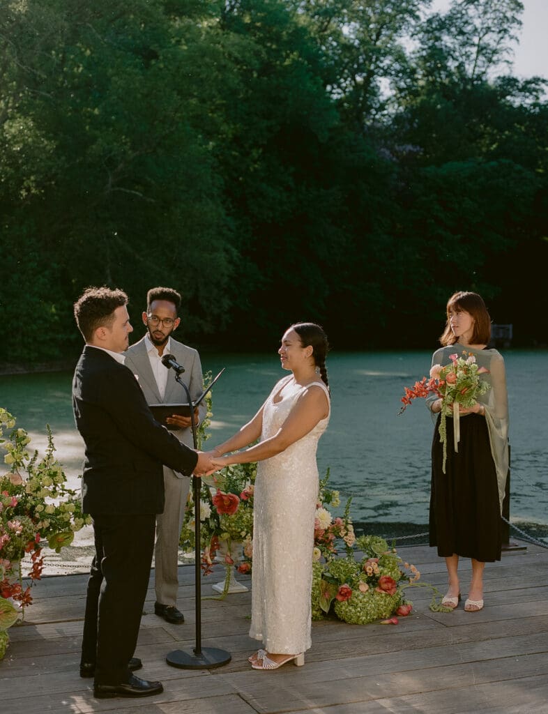 Bride and groom at the altar of a prospect park boathouse wedding ceremony
