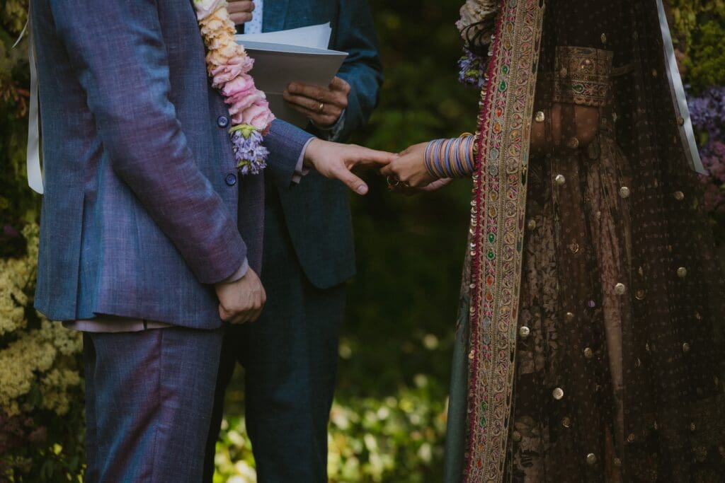 Bride and groom exchanging rings