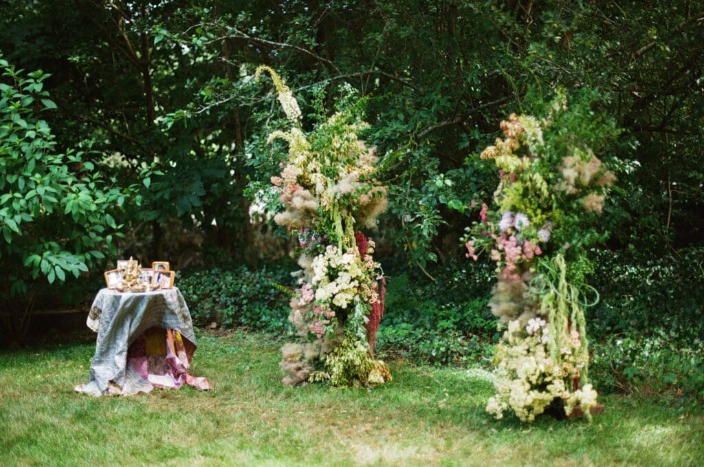 Altar space at a whimsical backyard wedding