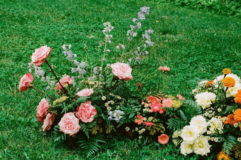 Close up of the ceremony floral arrangement at a Beaverkill Valley Inn wedding 