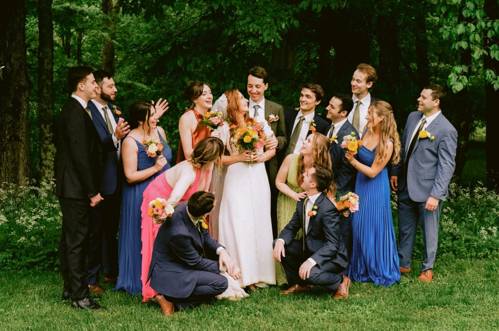 Chaotic wedding party group photo