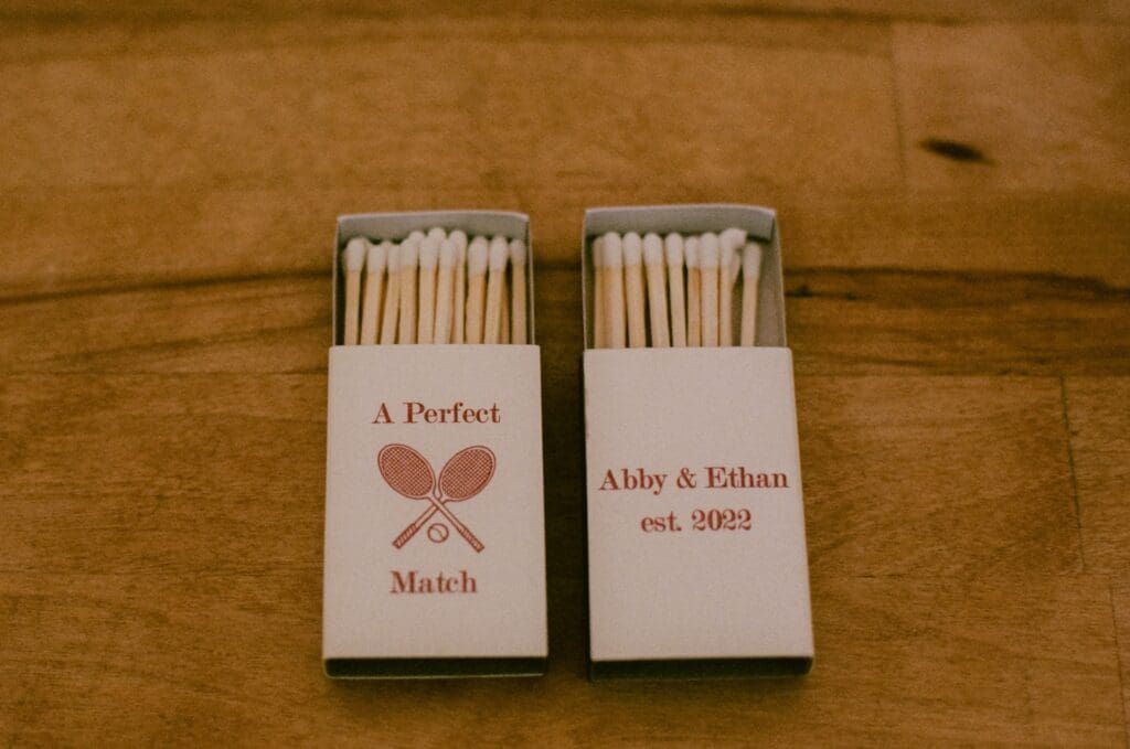 Close up of the custom wedding matchboxes 