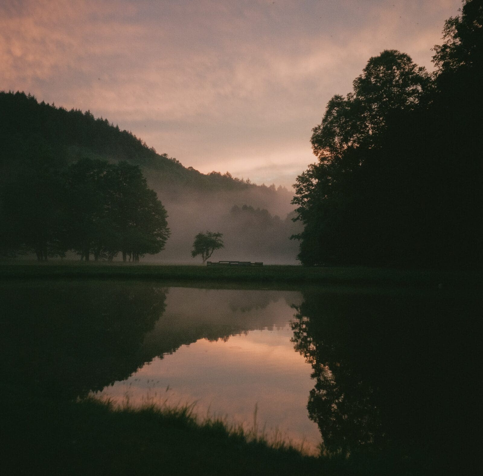 Foggy sunset over the pond at Beaverkill Valley Inn