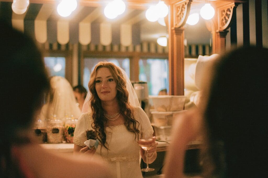 Bride eating ice cream in an old-fashioned ice cream bar 