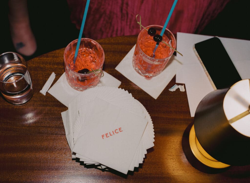 Close up of cocktails with napkins at the wedding reception 