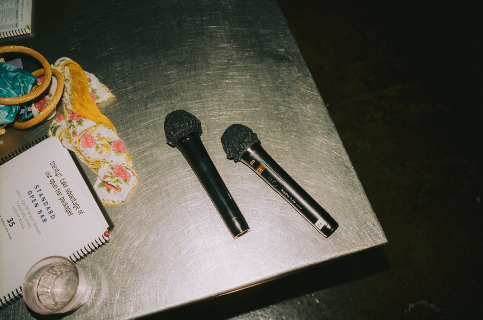 Close up of microphones at a karaoke afterparty 
