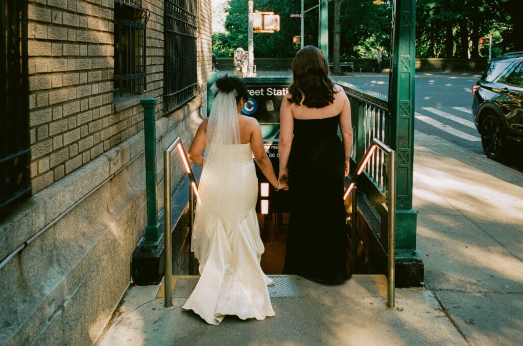 Brides walking into the subway station