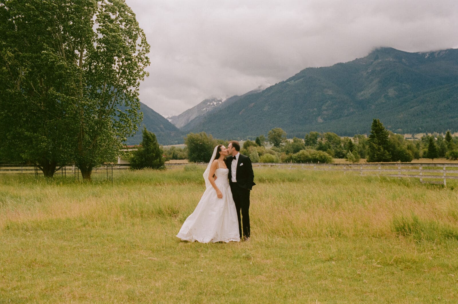 Bride and groom kissing in a field in front of mountains